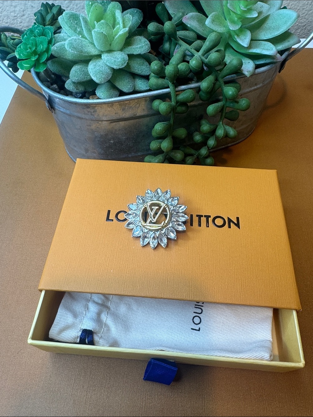 Louis Vuitton Gold Crystal Logo Pin on Green Succulent Centerpiece